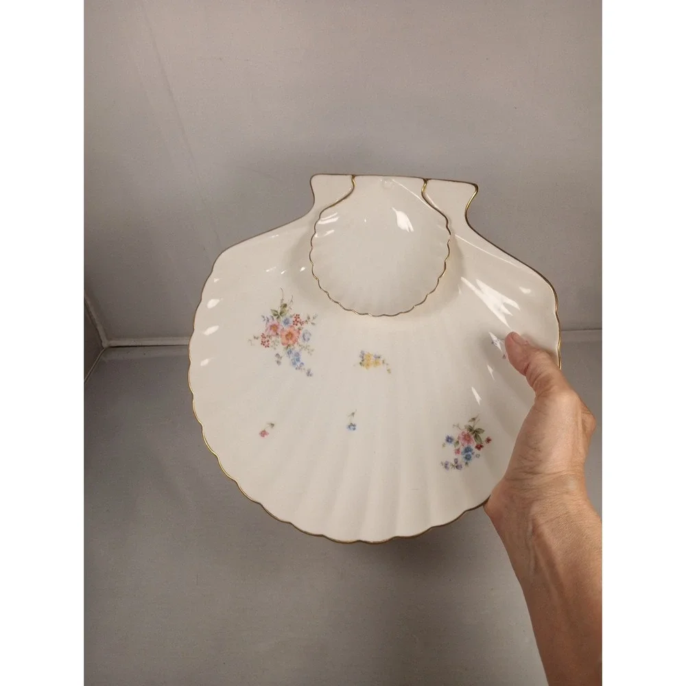 Vtg Rare Bone China Shell Shape Platter w Dip section Gold Edging  (10